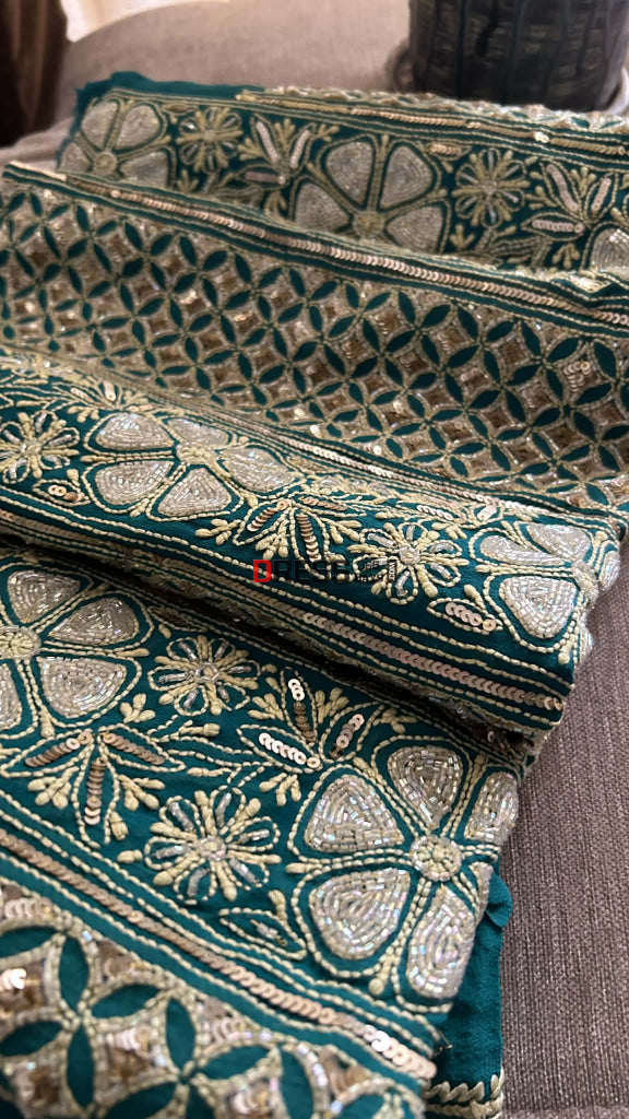 Emerald Green Masterpiece Cut Dana Sequin Chikankari Suit (Kurta & Dupatta) Chikankari Suits