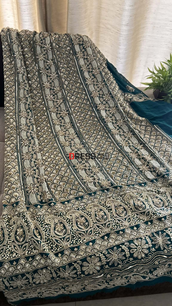 Emerald Green Masterpiece Cut Dana Sequin Chikankari Suit (Kurta & Dupatta) Chikankari Suits