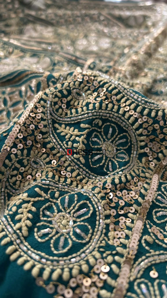 Emerald Green Masterpiece Cut Dana Sequin Chikankari Suit (Kurta & Dupatta) Chikankari Suits