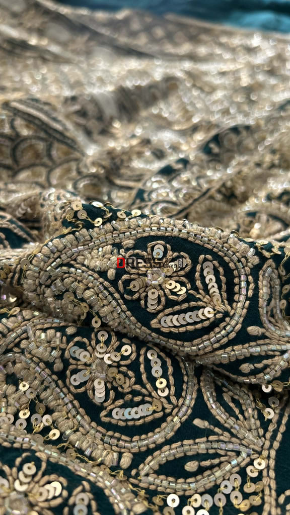 Emerald Green Masterpiece Cut Dana Sequin Chikankari Suit (Kurta & Dupatta) Chikankari Suits