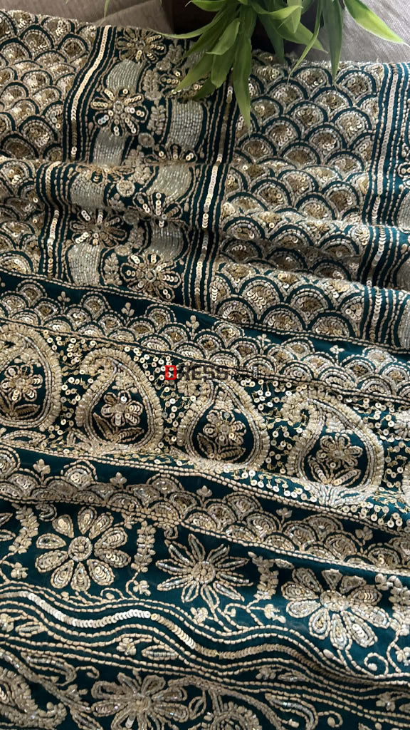 Emerald Green Masterpiece Cut Dana Sequin Chikankari Suit (Kurta & Dupatta) Chikankari Suits