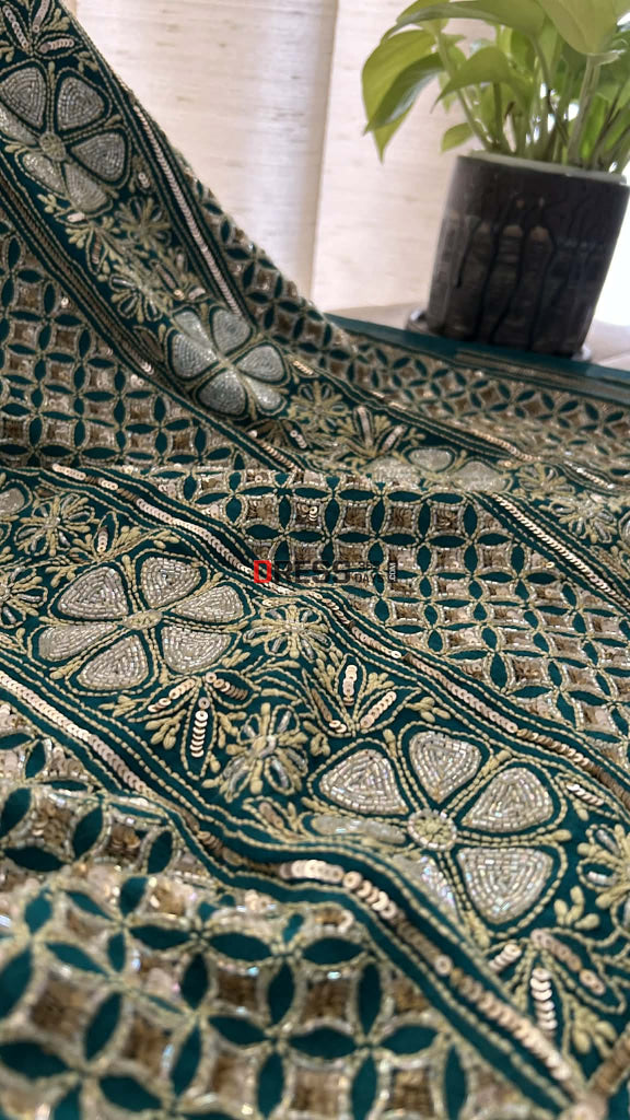 Emerald Green Masterpiece Cut Dana Sequin Chikankari Suit (Kurta & Dupatta) Chikankari Suits