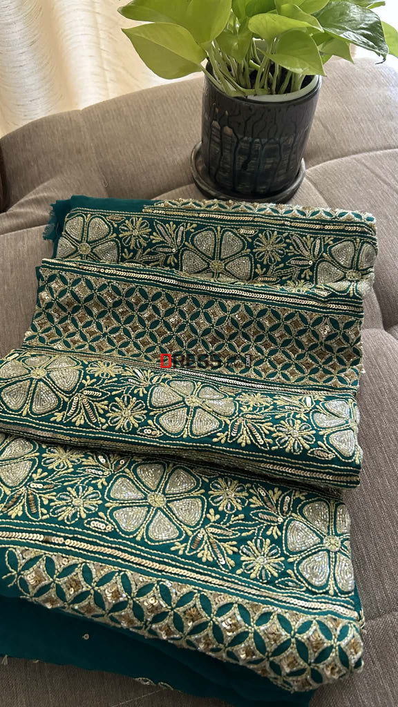Emerald Green Masterpiece Cut Dana Sequin Chikankari Suit (Kurta & Dupatta) Chikankari Suits