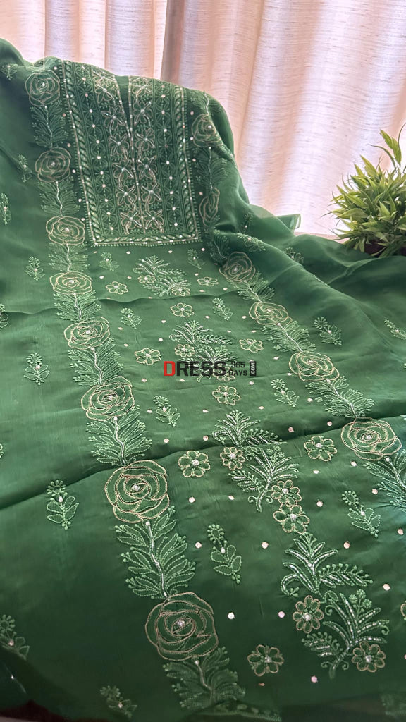 Emerald Green Organza Chikankari Suit (Kurta & Dupatta)- Festive Collection Suits