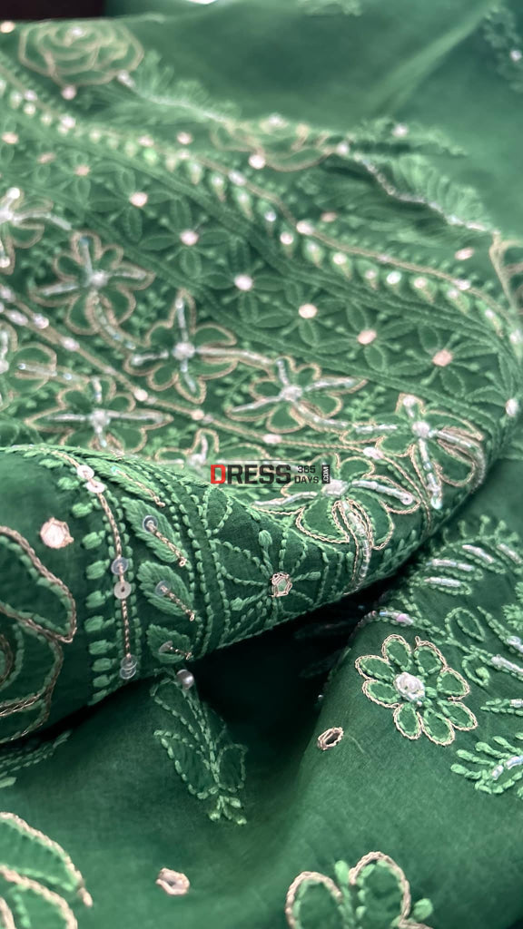 Emerald Green Organza Chikankari Suit (Kurta & Dupatta)- Festive Collection Suits