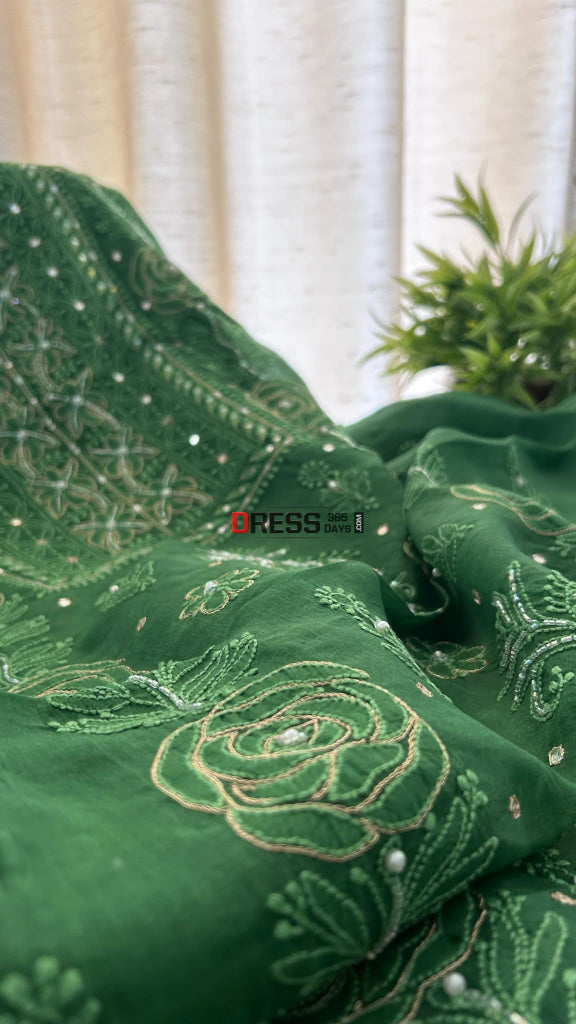 Emerald Green Organza Chikankari Suit (Kurta & Dupatta)- Festive Collection Suits