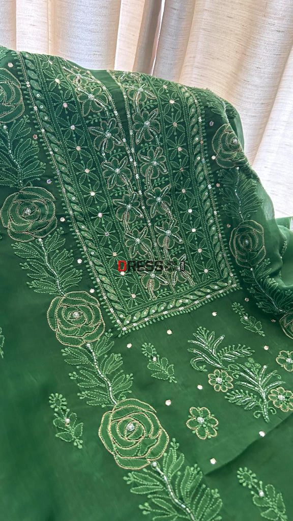 Emerald Green Organza Chikankari Suit (Kurta & Dupatta)- Festive Collection Suits