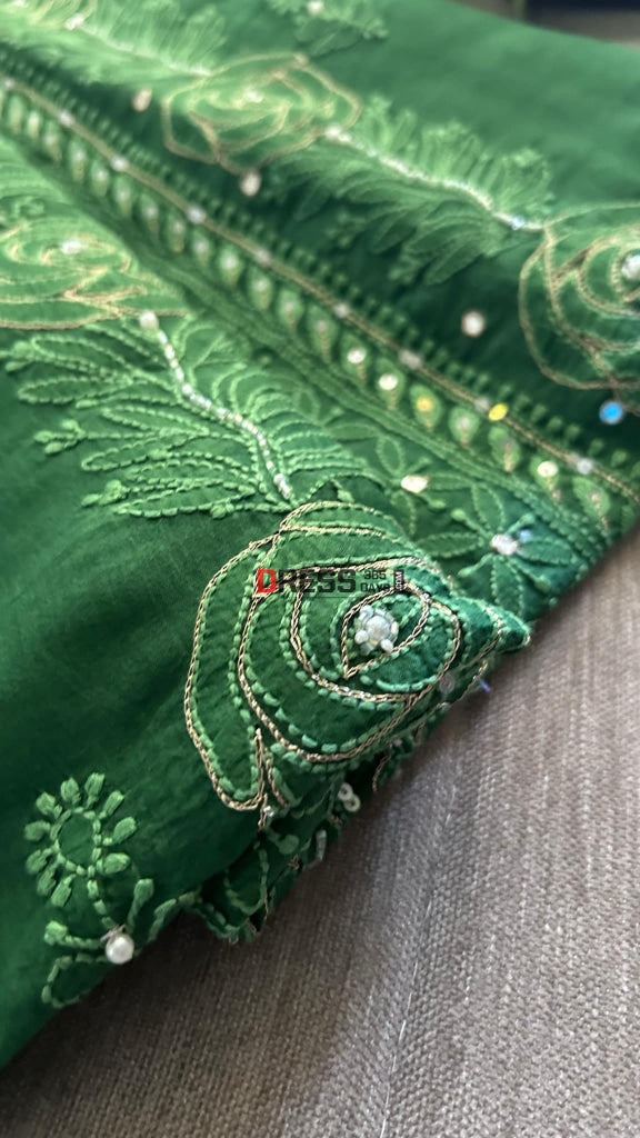 Emerald Green Organza Chikankari Suit (Kurta & Dupatta)- Festive Collection Suits