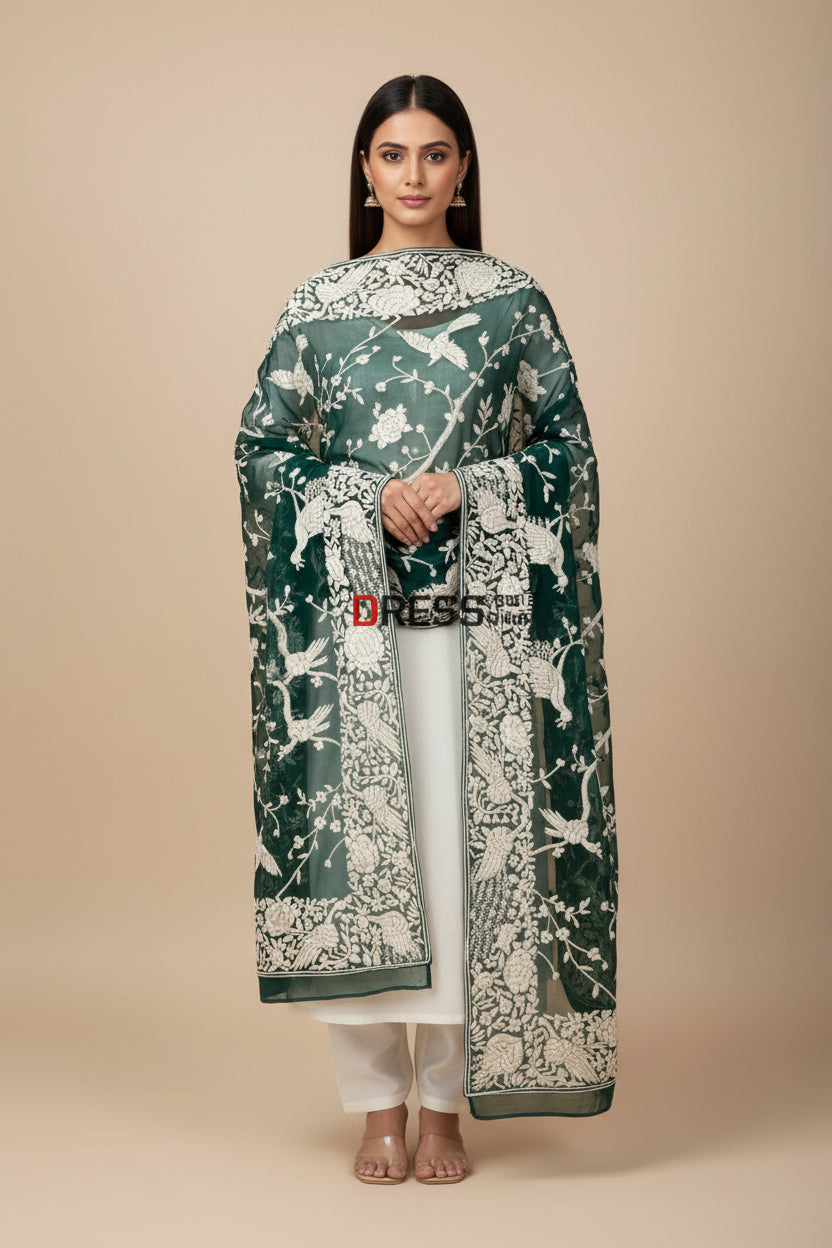 Pre Order Emerald Green Parsi Gara Pure Georgette Dupatta