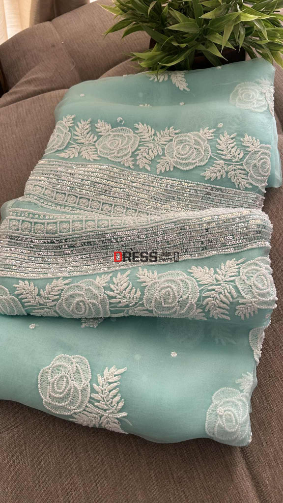 Exclusive Aqua Blue Organza Pearl Chikankari Suit Chikankari Suits
