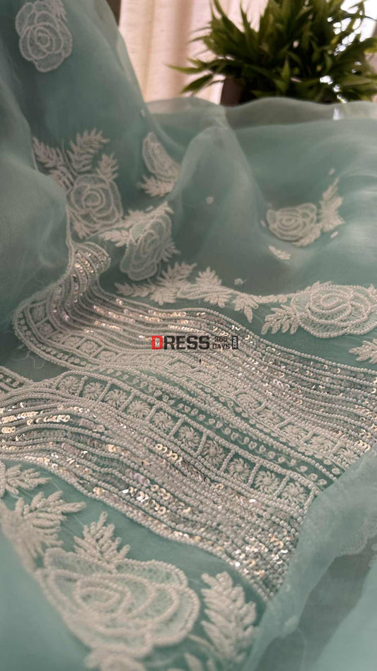 Exclusive Aqua Blue Organza Pearl Chikankari Suit Chikankari Suits
