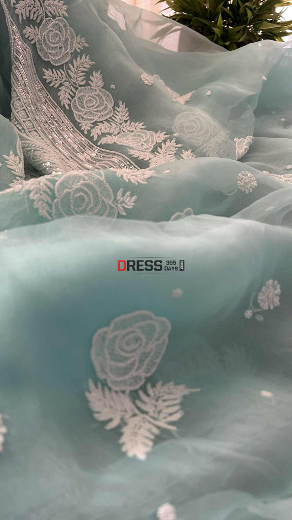 Exclusive Aqua Blue Organza Pearl Chikankari Suit Chikankari Suits