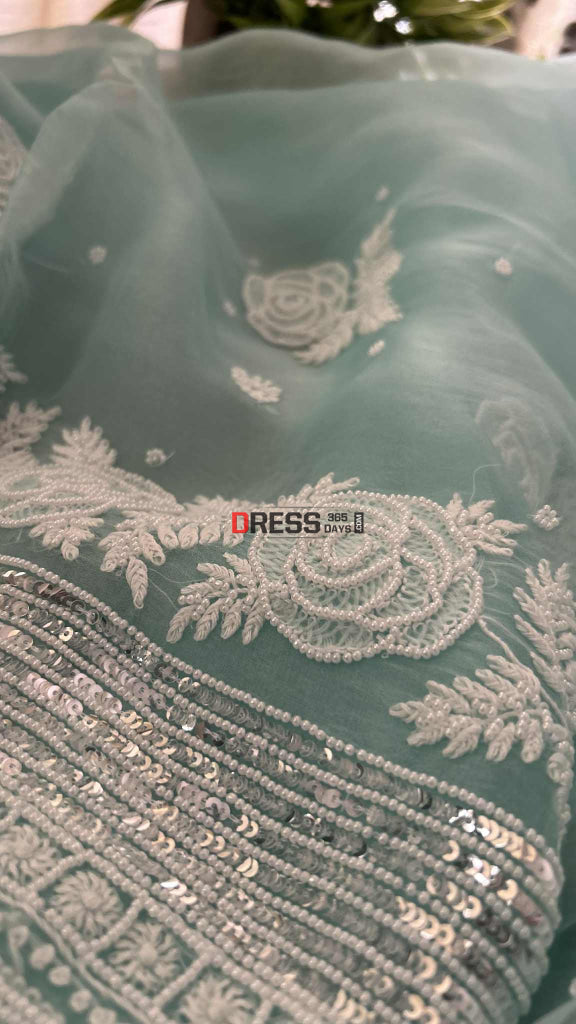 Exclusive Aqua Blue Organza Pearl Chikankari Suit Chikankari Suits