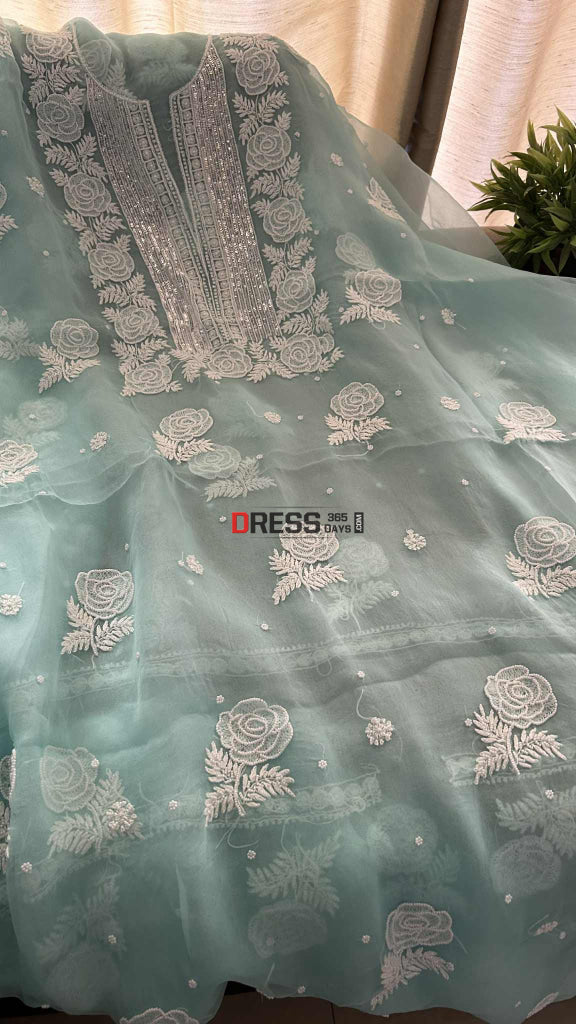 Exclusive Aqua Blue Organza Pearl Chikankari Suit Chikankari Suits