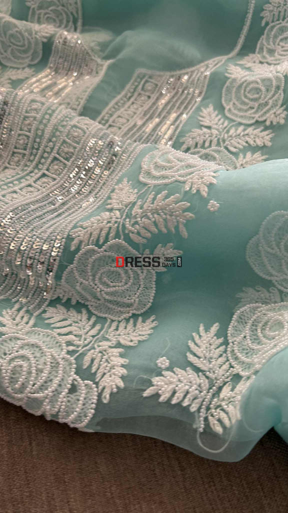 Exclusive Aqua Blue Organza Pearl Chikankari Suit Chikankari Suits