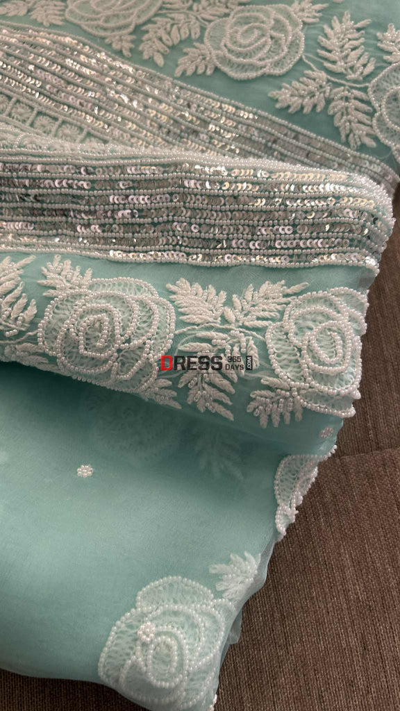 Exclusive Aqua Blue Organza Pearl Chikankari Suit Chikankari Suits