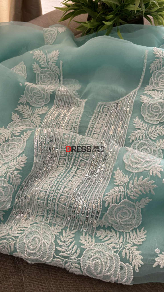 Exclusive Aqua Blue Organza Pearl Chikankari Suit Chikankari Suits