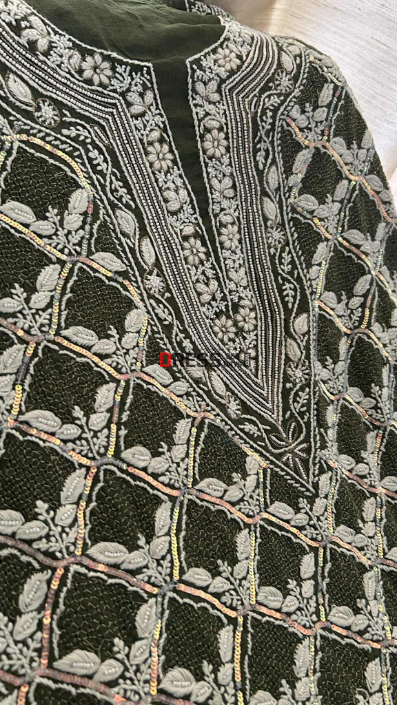 Exclusive Bottle Green Hand Jaali & Pearl Tissue Chanderi Suit Chikankari Suits