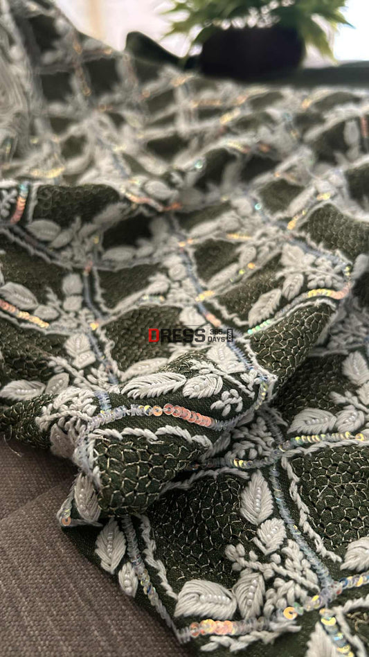 Exclusive Bottle Green Hand Jaali & Pearl Tissue Chanderi Suit Chikankari Suits