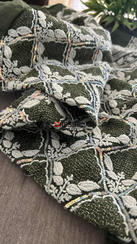 Exclusive Bottle Green Hand Jaali & Pearl Tissue Chanderi Suit Chikankari Suits
