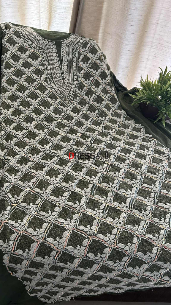 Exclusive Bottle Green Hand Jaali & Pearl Tissue Chanderi Suit Chikankari Suits