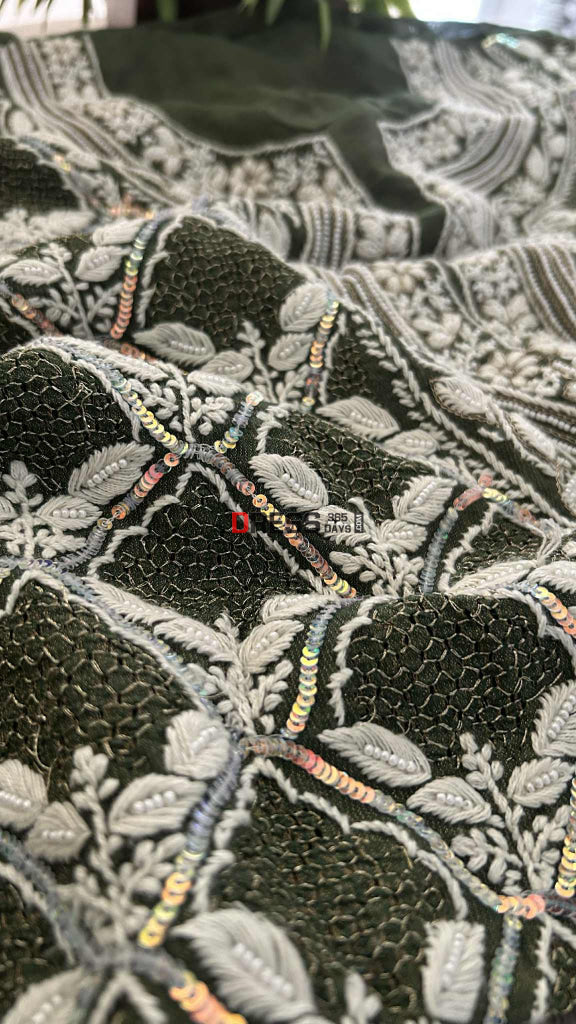 Exclusive Bottle Green Hand Jaali & Pearl Tissue Chanderi Suit Chikankari Suits