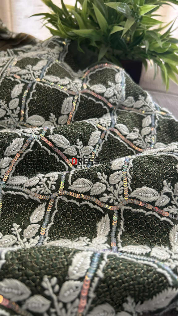 Exclusive Bottle Green Hand Jaali & Pearl Tissue Chanderi Suit Chikankari Suits