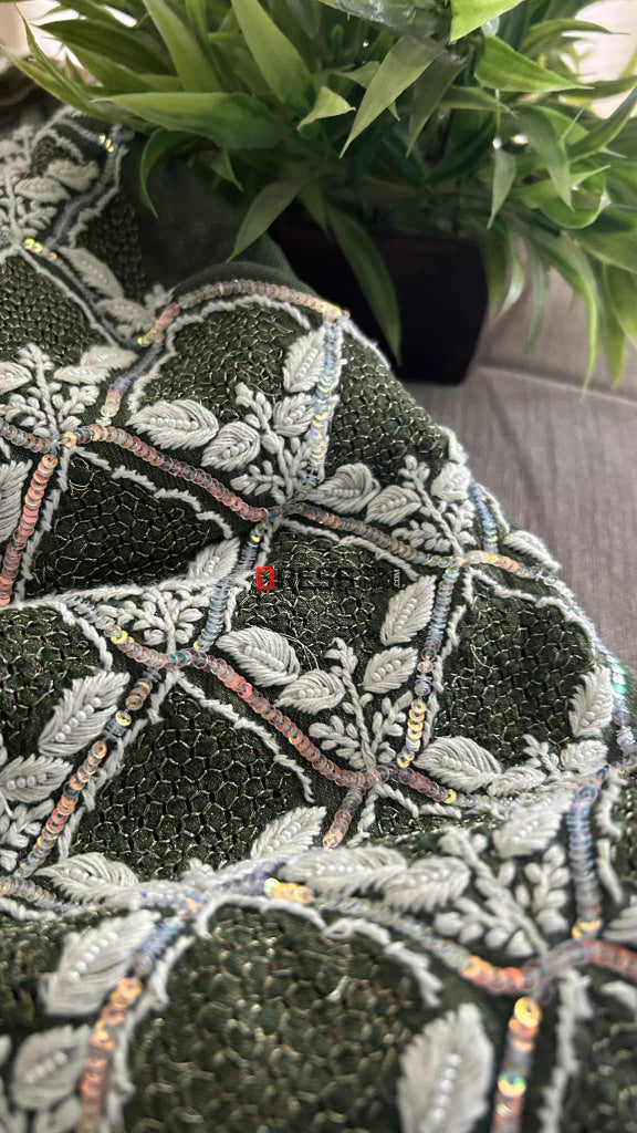 Exclusive Bottle Green Hand Jaali & Pearl Tissue Chanderi Suit Chikankari Suits