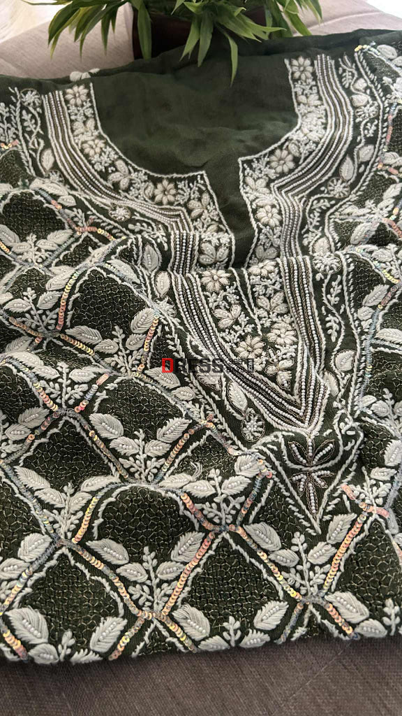 Exclusive Bottle Green Hand Jaali & Pearl Tissue Chanderi Suit Chikankari Suits