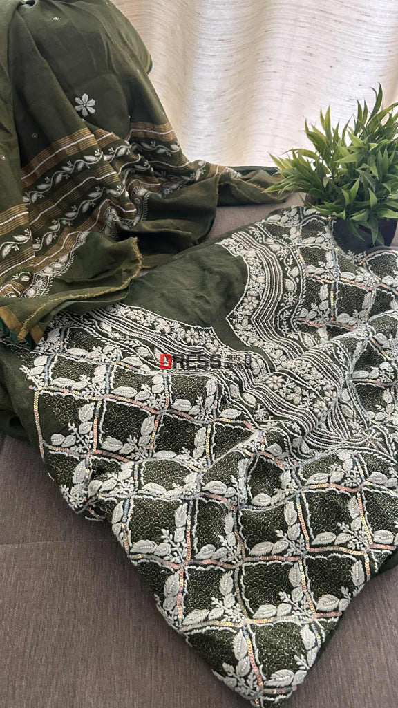 Exclusive Bottle Green Hand Jaali & Pearl Tissue Chanderi Suit Chikankari Suits