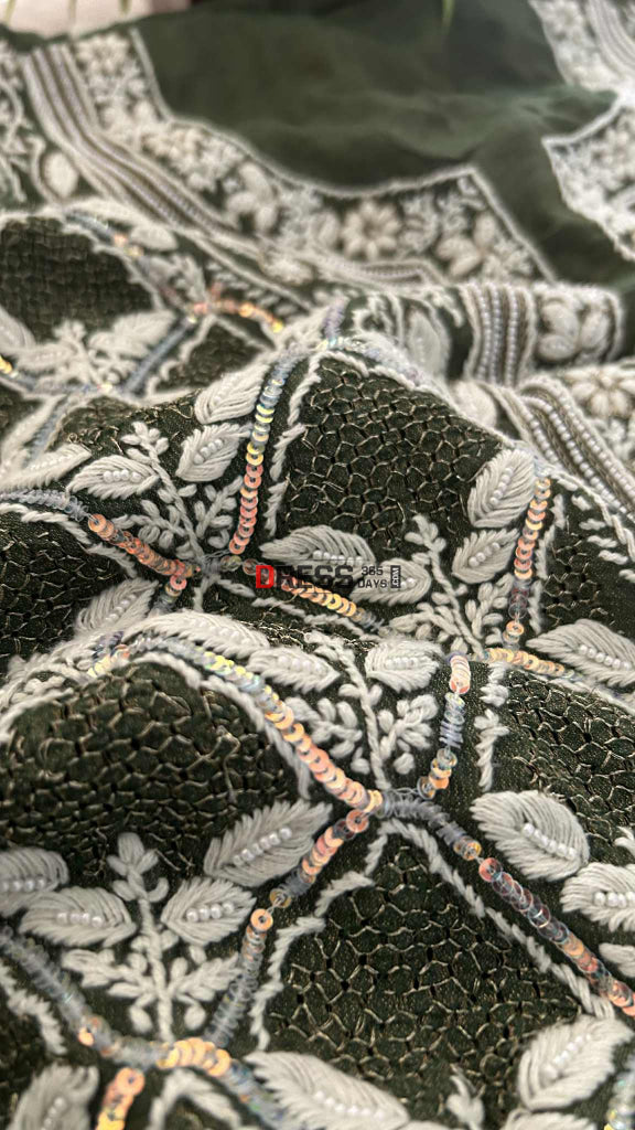 Exclusive Bottle Green Hand Jaali & Pearl Tissue Chanderi Suit Chikankari Suits