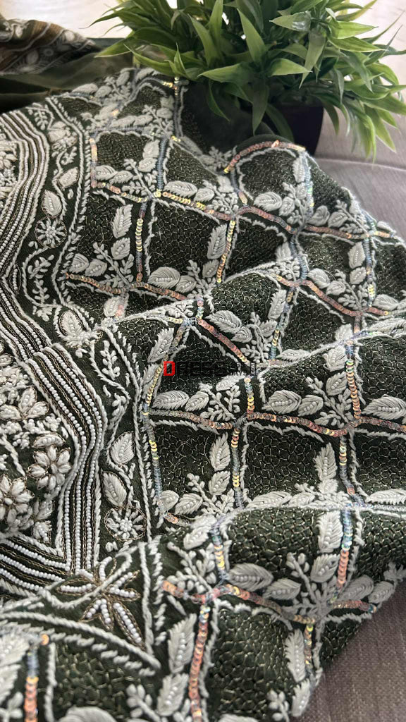 Exclusive Bottle Green Hand Jaali & Pearl Tissue Chanderi Suit Chikankari Suits