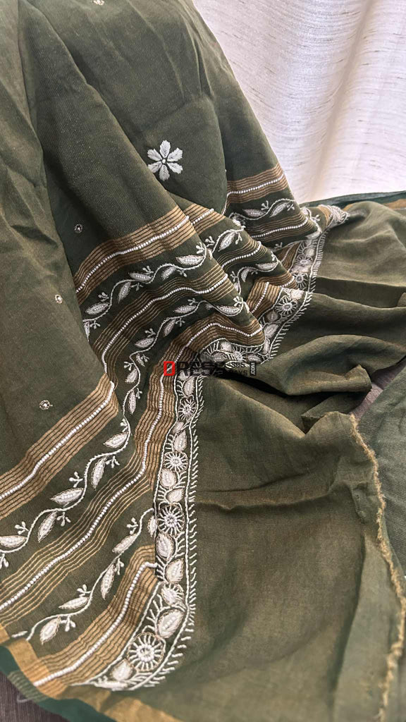 Exclusive Bottle Green Hand Jaali & Pearl Tissue Chanderi Suit Chikankari Suits