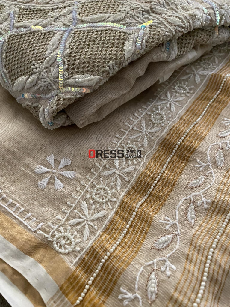 Exclusive Hand Jaali & Pearl Tissue Chanderi Suit Chikankari Suits