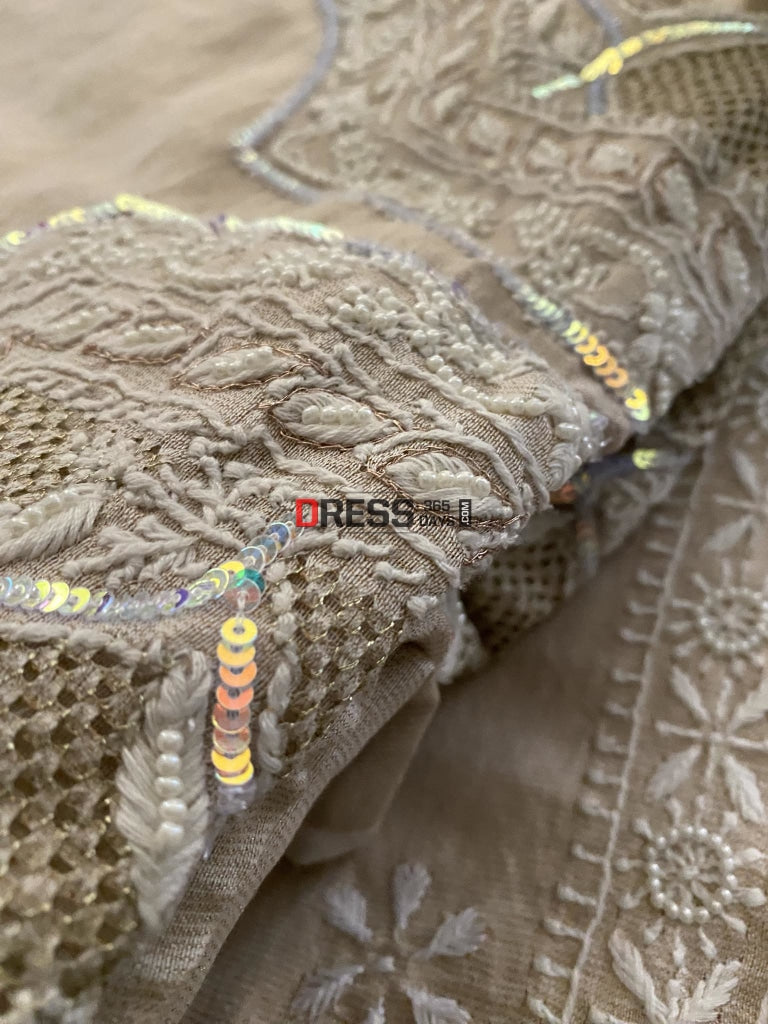 Exclusive Hand Jaali & Pearl Tissue Chanderi Suit Chikankari Suits
