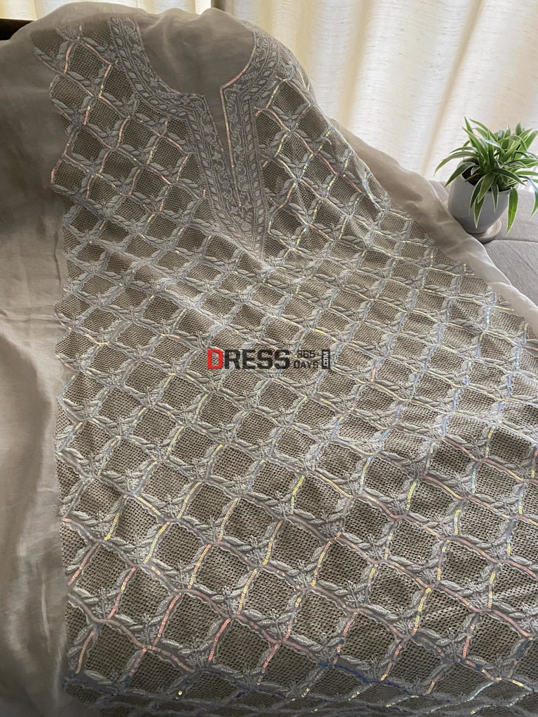 Exclusive Hand Jaali & Pearl Tissue Chanderi Suit Chikankari Suits