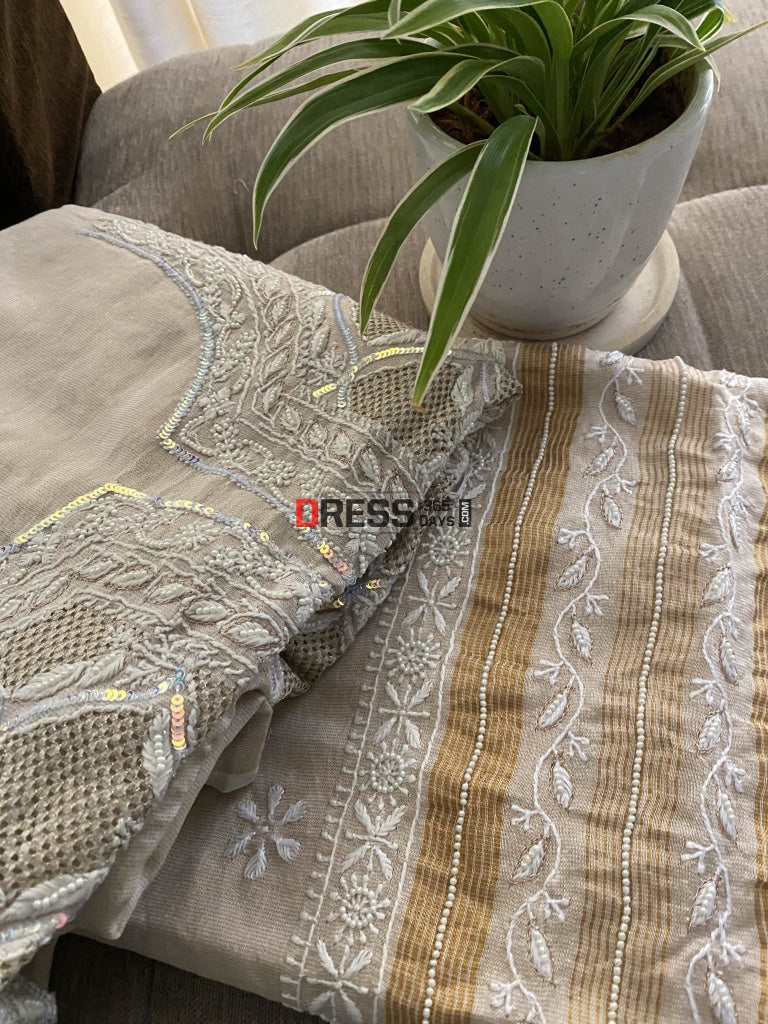 Exclusive Hand Jaali & Pearl Tissue Chanderi Suit Chikankari Suits