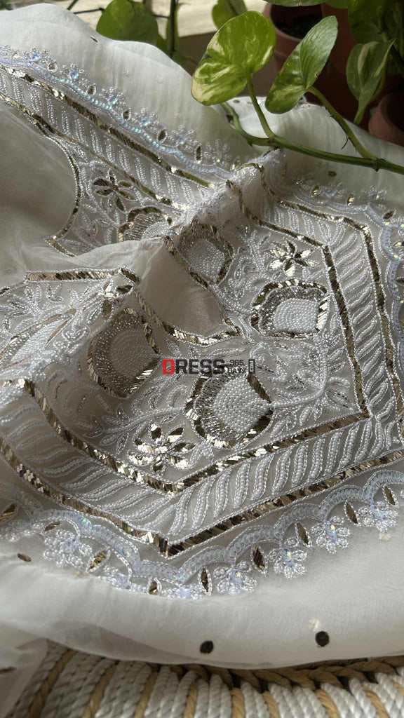 Exclusive Ivory Organza Pearl Mukaish Suit Chikankari Suits
