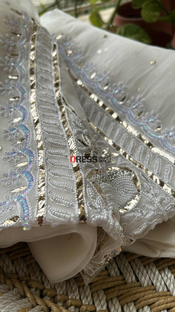 Exclusive Ivory Organza Pearl Mukaish Suit Chikankari Suits