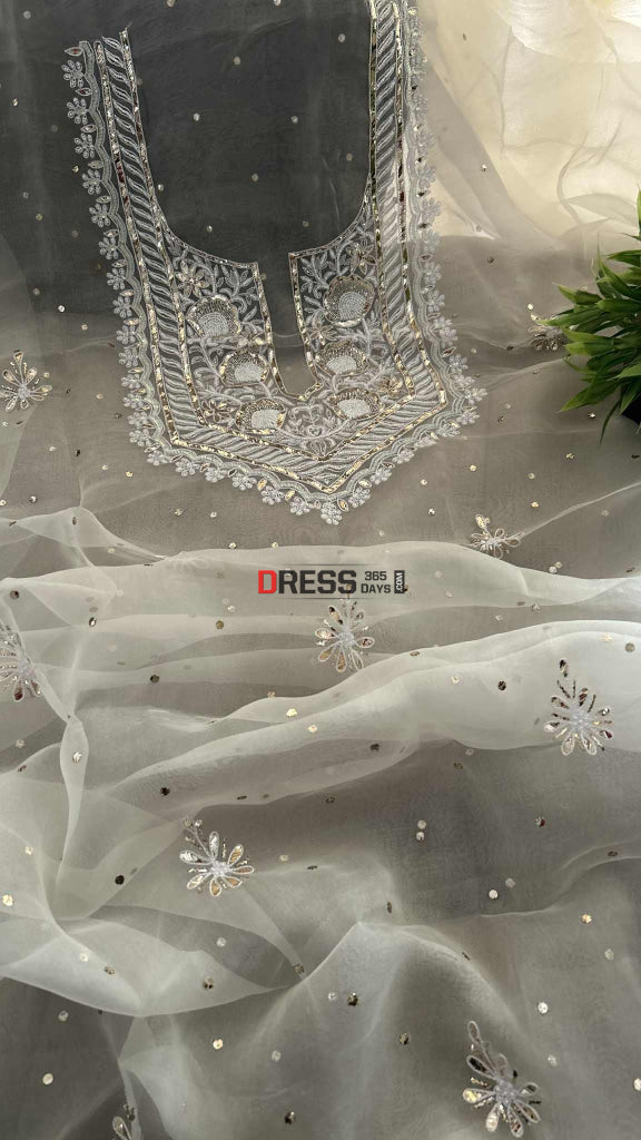 Exclusive Ivory Organza Pearl Mukaish Suit Chikankari Suits