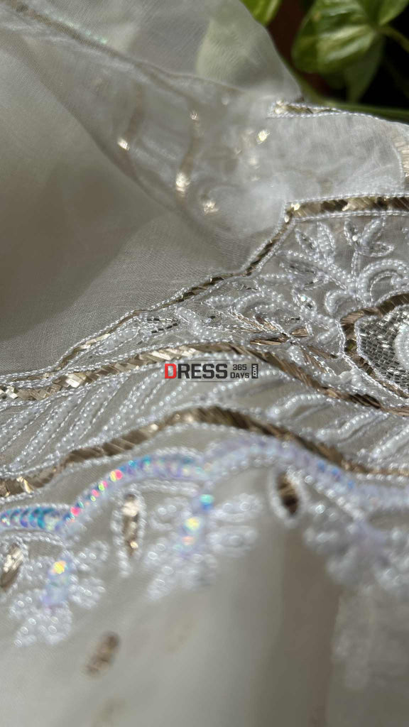 Exclusive Ivory Organza Pearl Mukaish Suit Chikankari Suits