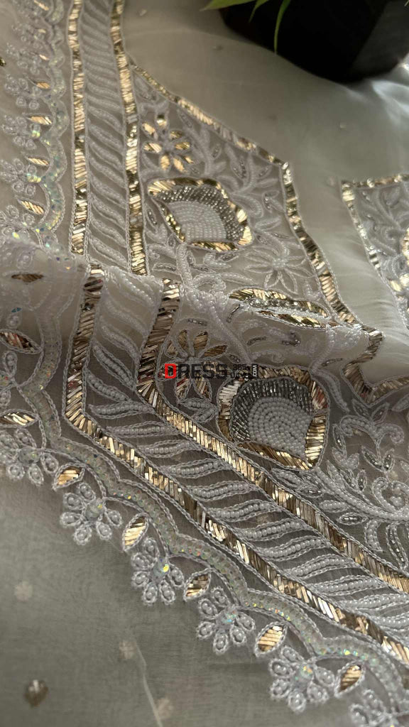 Exclusive Ivory Organza Pearl Mukaish Suit Chikankari Suits