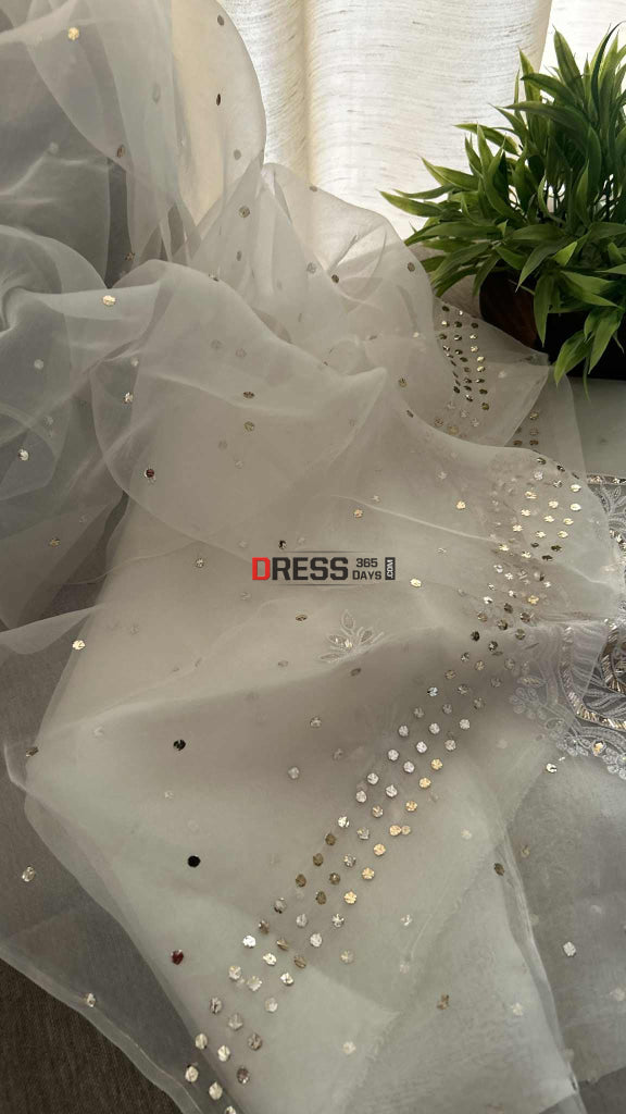 Exclusive Ivory Organza Pearl Mukaish Suit Chikankari Suits