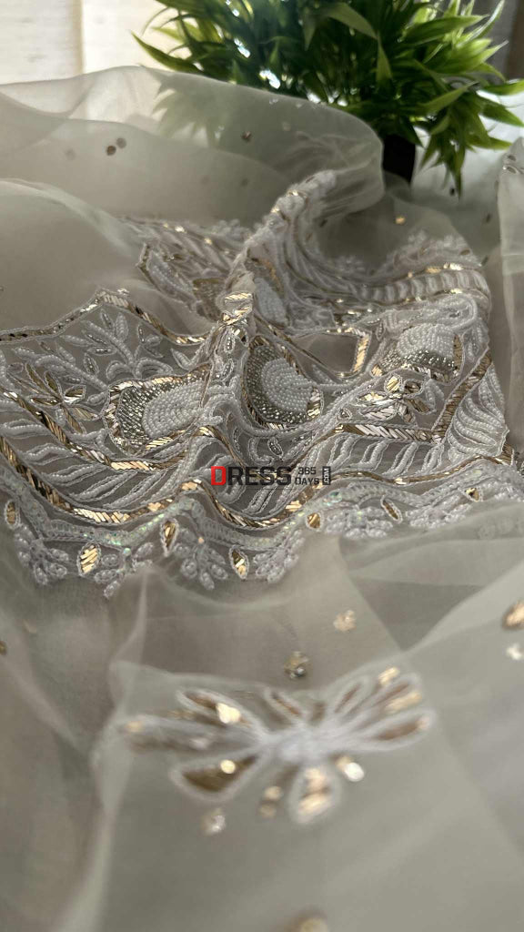 Exclusive Ivory Organza Pearl Mukaish Suit Chikankari Suits