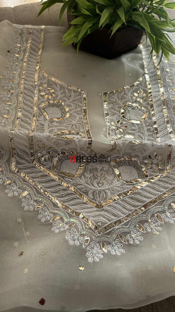 Exclusive Ivory Organza Pearl Mukaish Suit Chikankari Suits