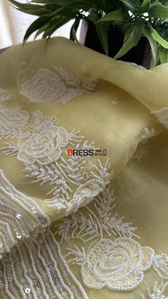 Exclusive Lemon Yellow Organza Chikankari Pearl Suit Chikankari Suits