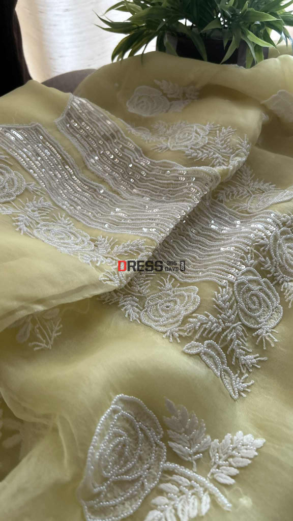 Exclusive Lemon Yellow Organza Chikankari Pearl Suit Chikankari Suits
