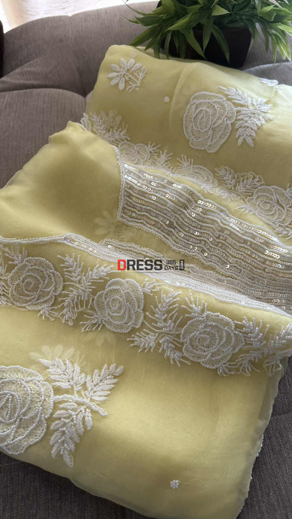 Exclusive Lemon Yellow Organza Chikankari Pearl Suit Chikankari Suits