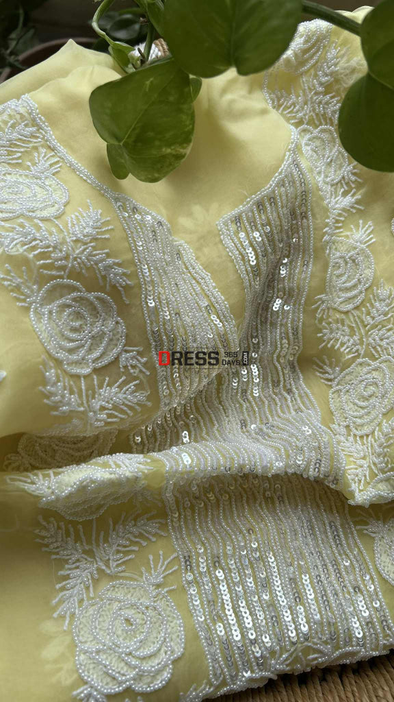 Exclusive Lemon Yellow Organza Chikankari Pearl Suit Chikankari Suits