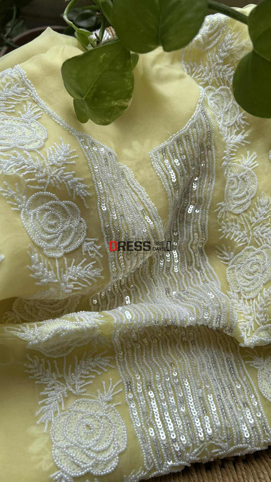Exclusive Lemon Yellow Organza Chikankari Pearl Suit Chikankari Suits